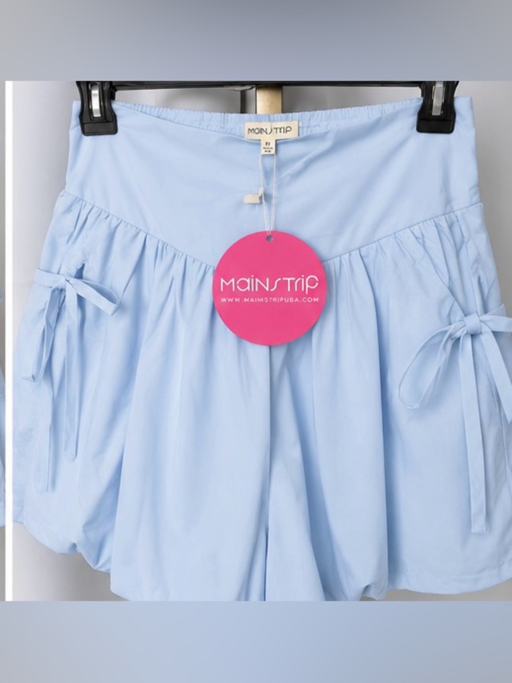 Main Strip Light Blue Gathered Skort with Side Ties